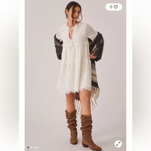 Anthropologie Ivory Embroidered Lace Tunic Dress Size XS